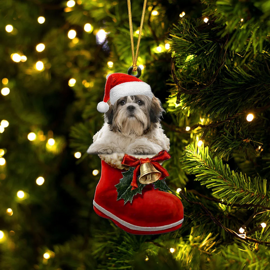 Shih Tzu Silver & Vit i Julstövel Ornament