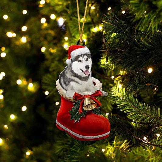 Grey Husky i Julstövel Ornament