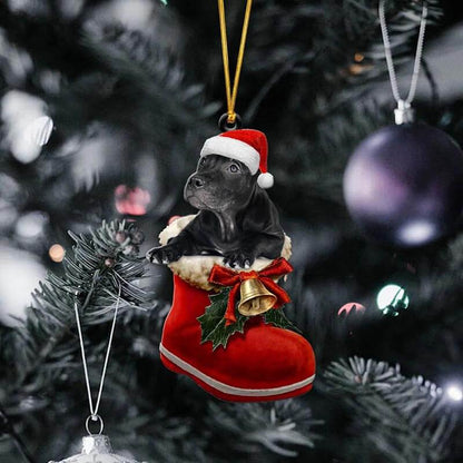 Svart Pitbull i Julstövel Ornament