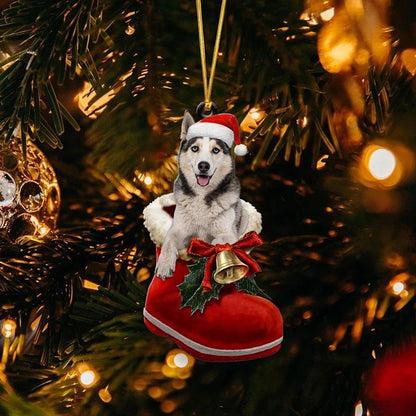 Vit Husky i Julstövel Ornament