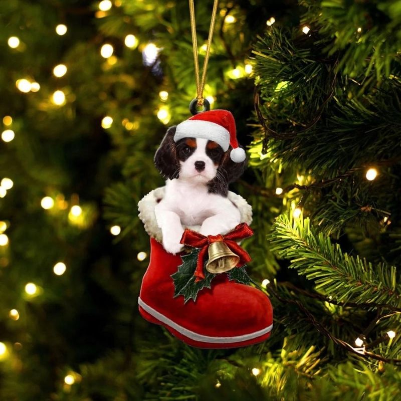 Cavalier King Charles Spaniel Svart Triclor i Julstövel Ornament