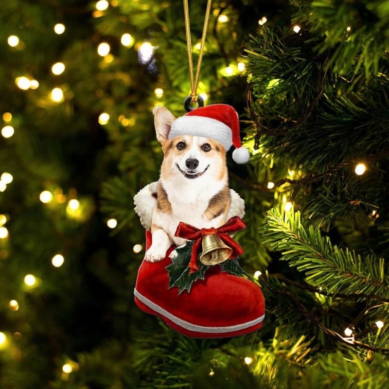 Pembroke Welsh Corgi  & Vit i Julstövel Ornament