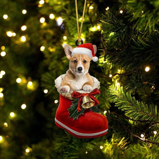 Pembroke Welsh Corgi  & Vit i Julstövel Ornament