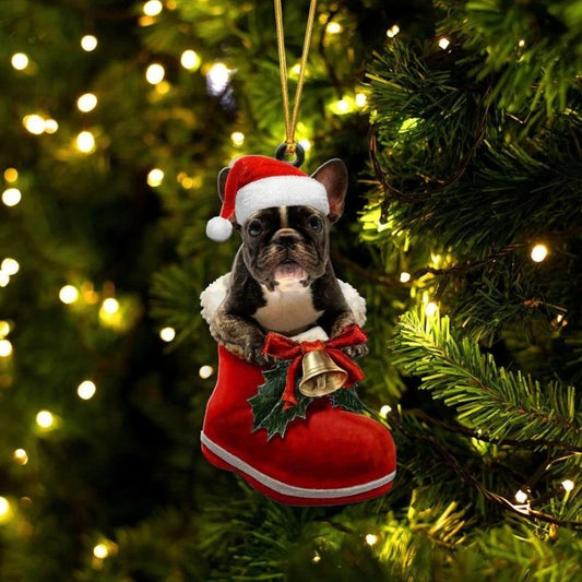 Fransk Bulldog Brindle and Vit i Julstövel Ornament