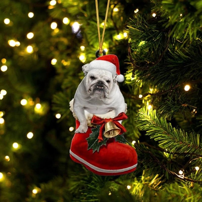 Engelsk Bulldog Vit i Julstövel Ornament