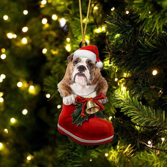 Engelsk Bulldog Brindle i Julstövel Ornament